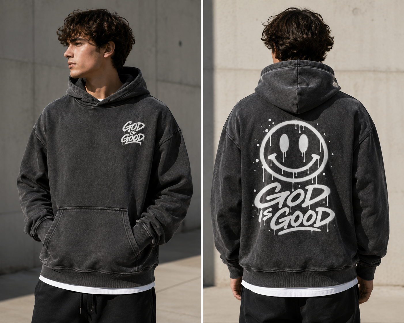 Youth wearing a black hoodie with white graffiti-style text on the front and back. The front reads 'GOD IS GOOD' and the back features a smiley face with drips and the same text.