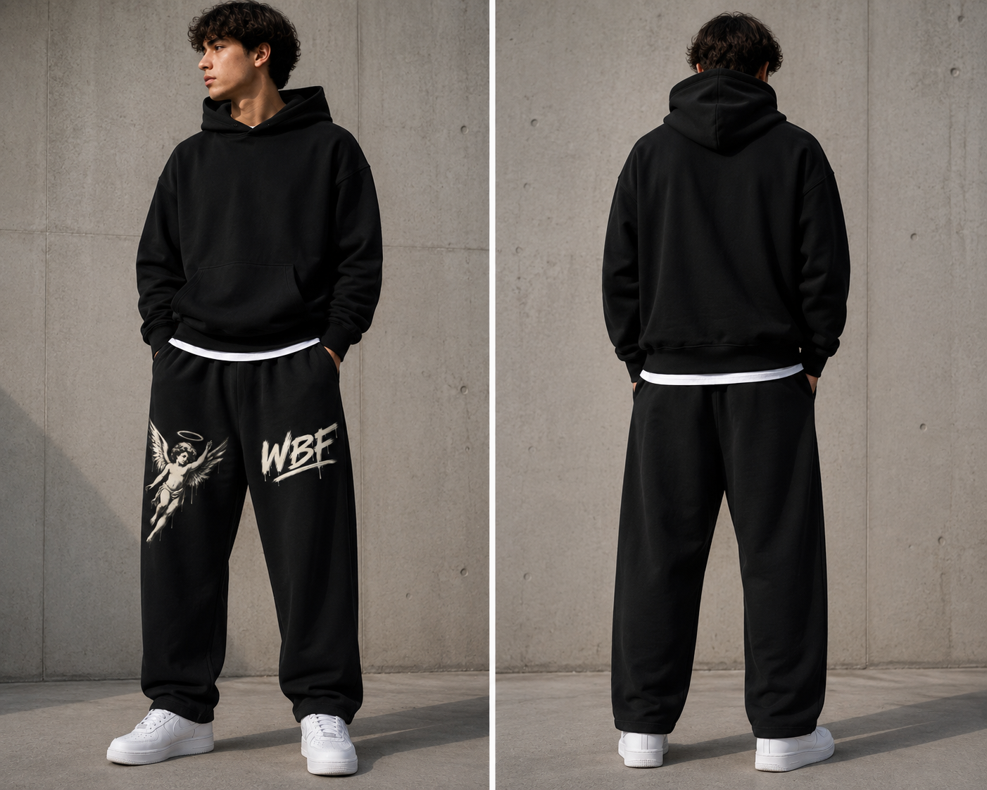 A young man wearing a black hoodie, black sweatpants with a graphic on the left leg, and white sneakers standing against a plain gray wall. The photo shows both front and back views.