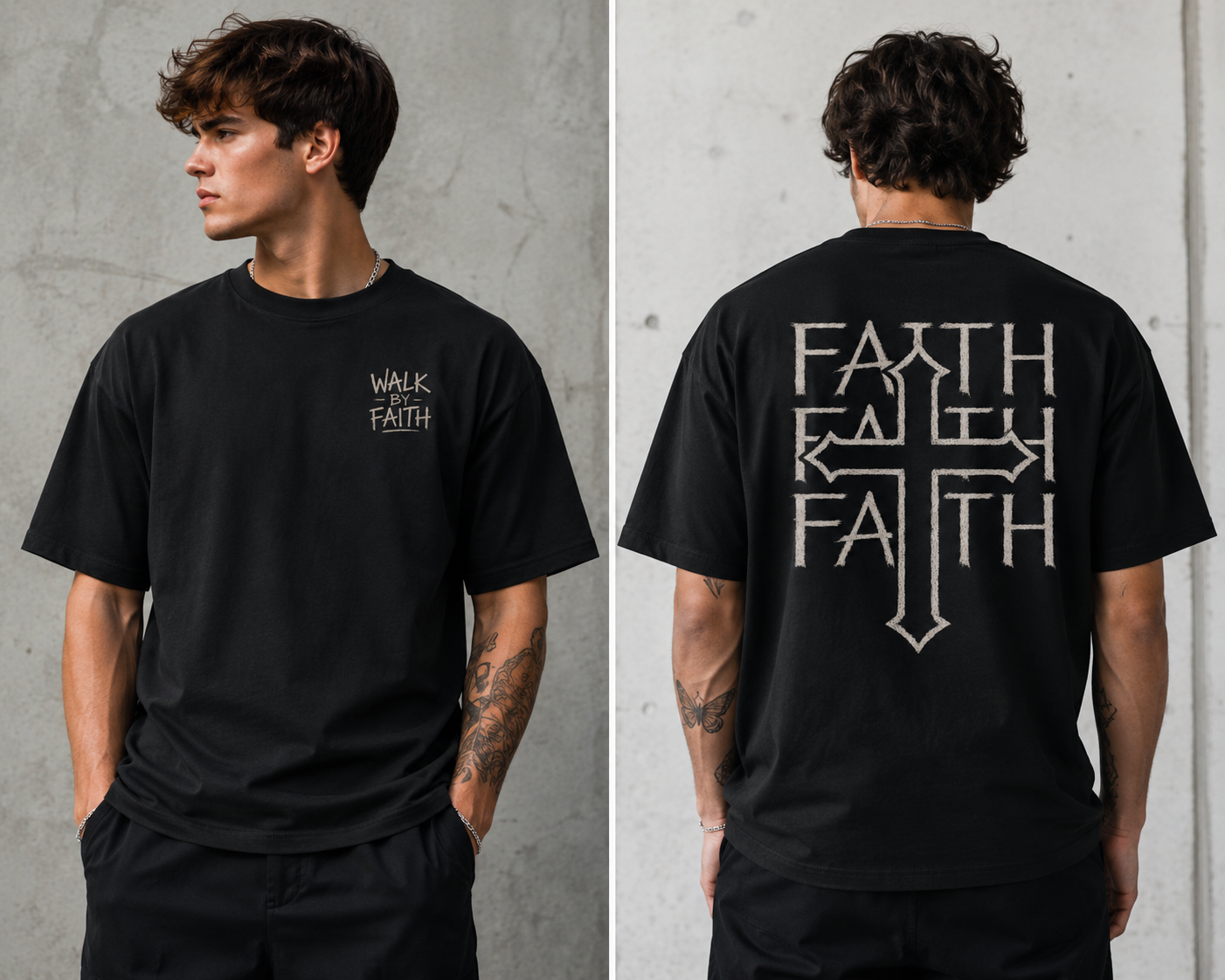 A young man in a black T-shirt with the words "Walk by Faith" on the front and a large cross with the words "Faith" and directional arrows on the back, standing against a concrete wall.