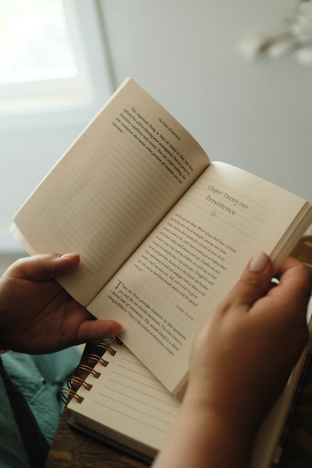 Close-up of a person holding an open book with the chapter titled 'Twenty-two Persistence' and a partial quote, while a spiral notebook rests on a table below.