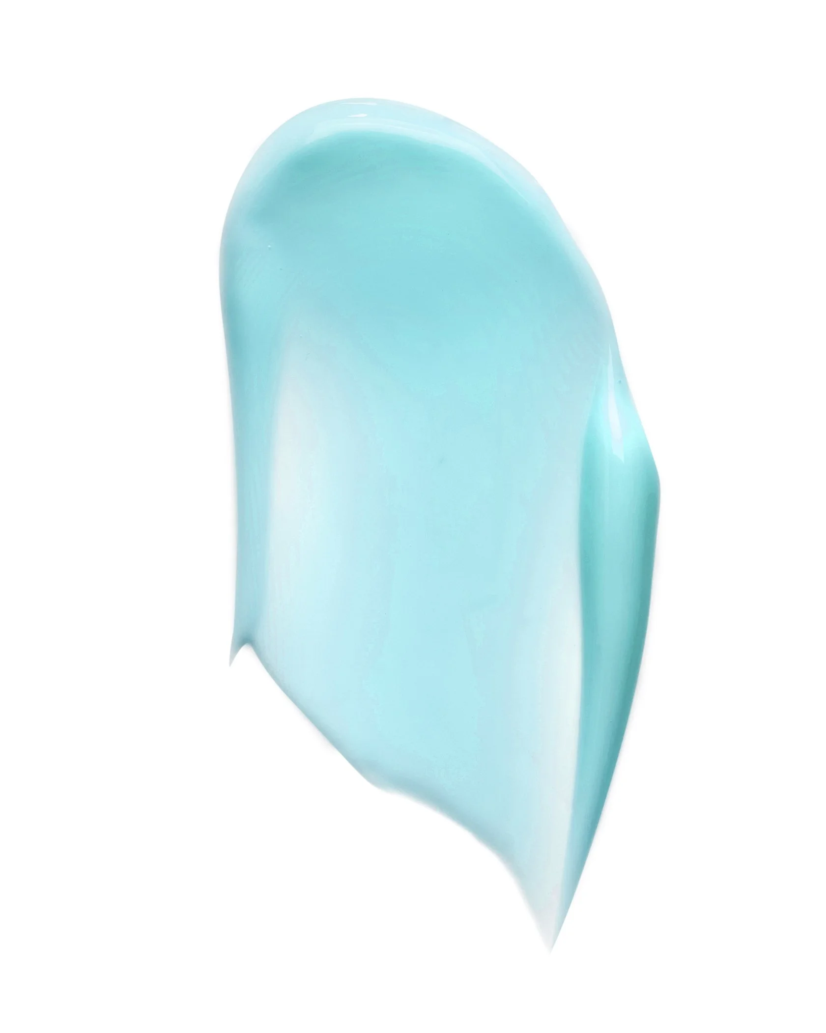 Close-up of a swirl of bright turquoise blue soap or cream on a white background.
