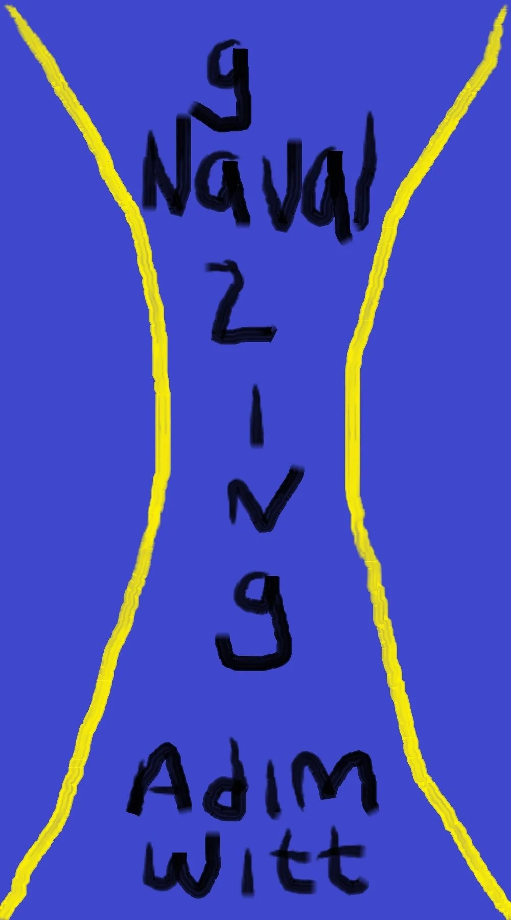 A blue background with black handwritten text that reads "Naval Gazing Adim Witt." Two yellow curved lines flank the text, resembling a stylized hourglass or another symmetrical shape.