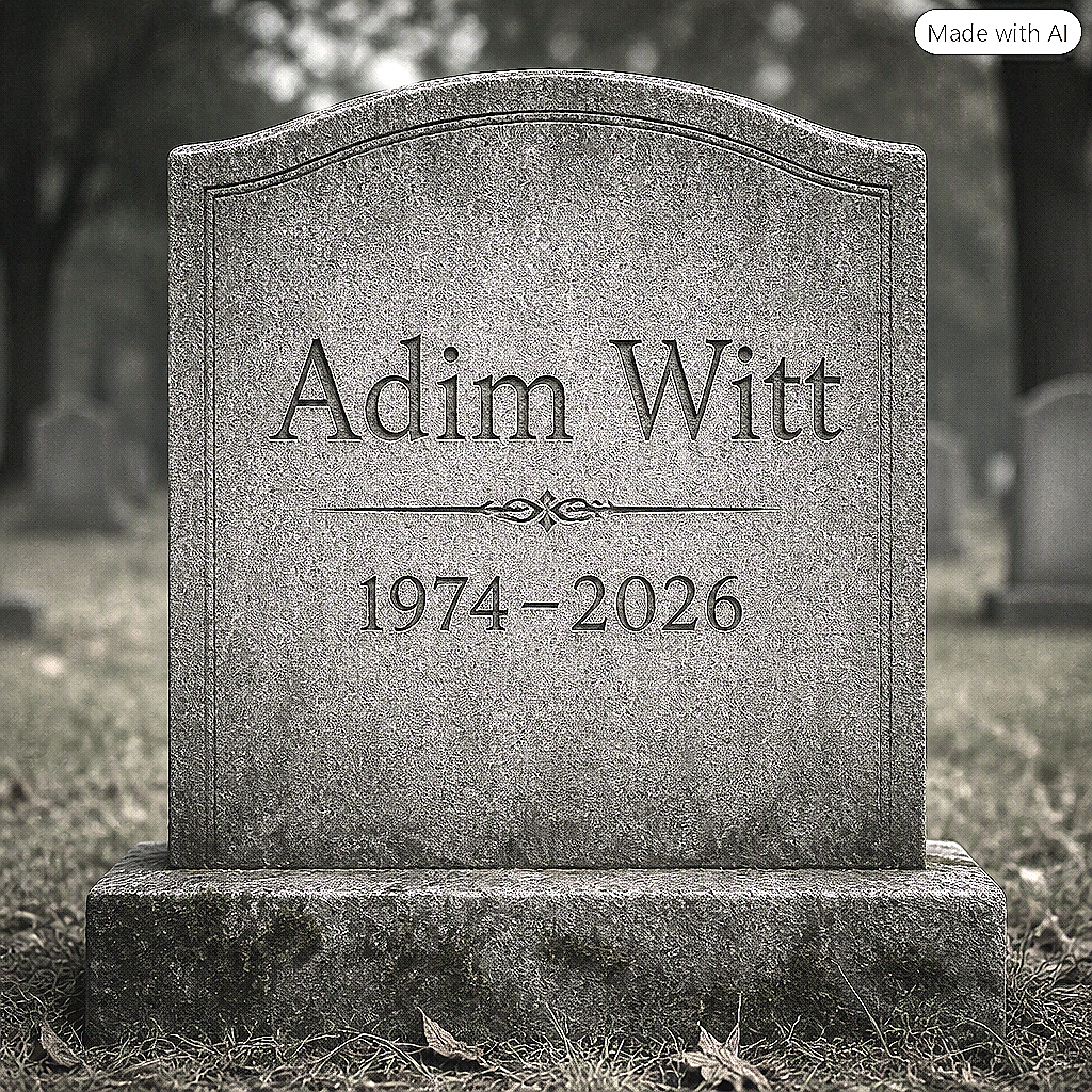 A gray granite headstone in a cemetery with the name 'Adim Witt' and the years 1974-2026 engraved on it.