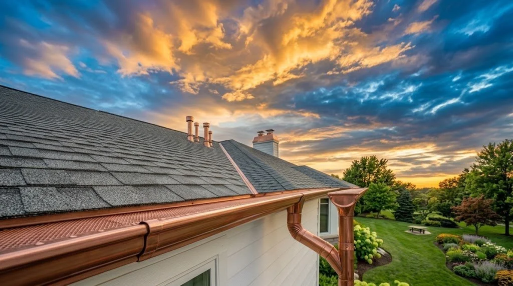 Sunset sky with orange and blue clouds over a suburban house with a shingled roof, copper gutters, and a lush, well-maintained garden.