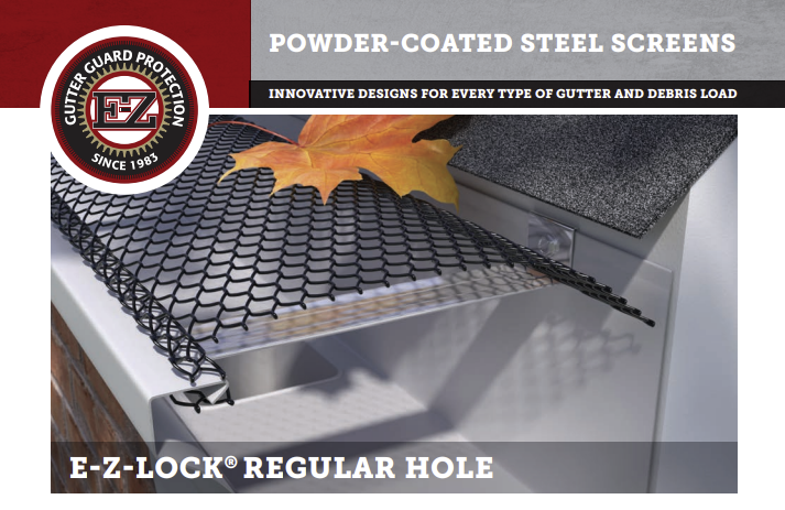 Packaging of powder-coated steel screens for gutter protection, with a display of a sample screen, a wire mesh, and a leaf on top.