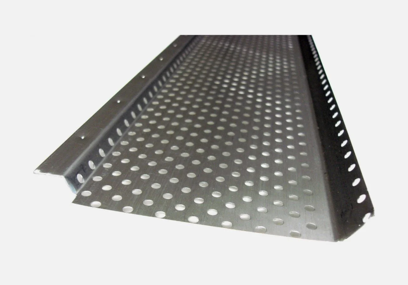 Metal perforated tray with raised edges, used in industrial or commercial settings.
