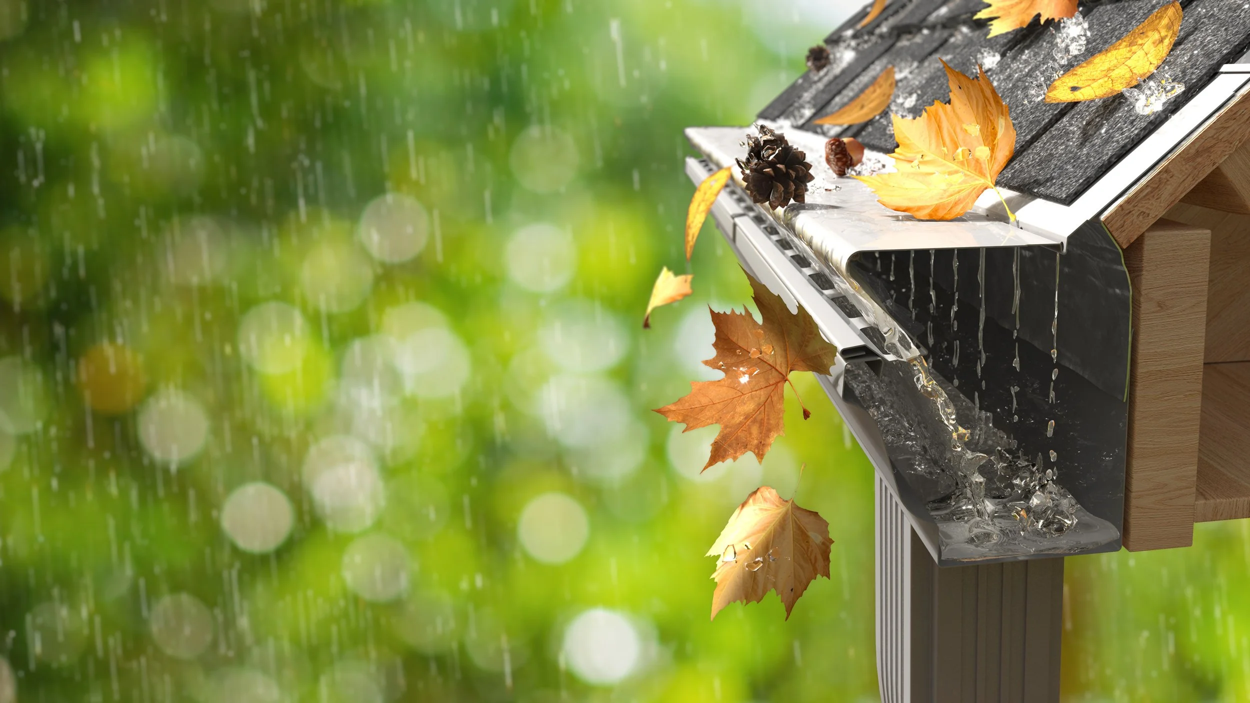Rain falling on a black outdoor fountain with fallen autumn leaves and pinecone decorations on top, and a background of green and yellow bokeh.