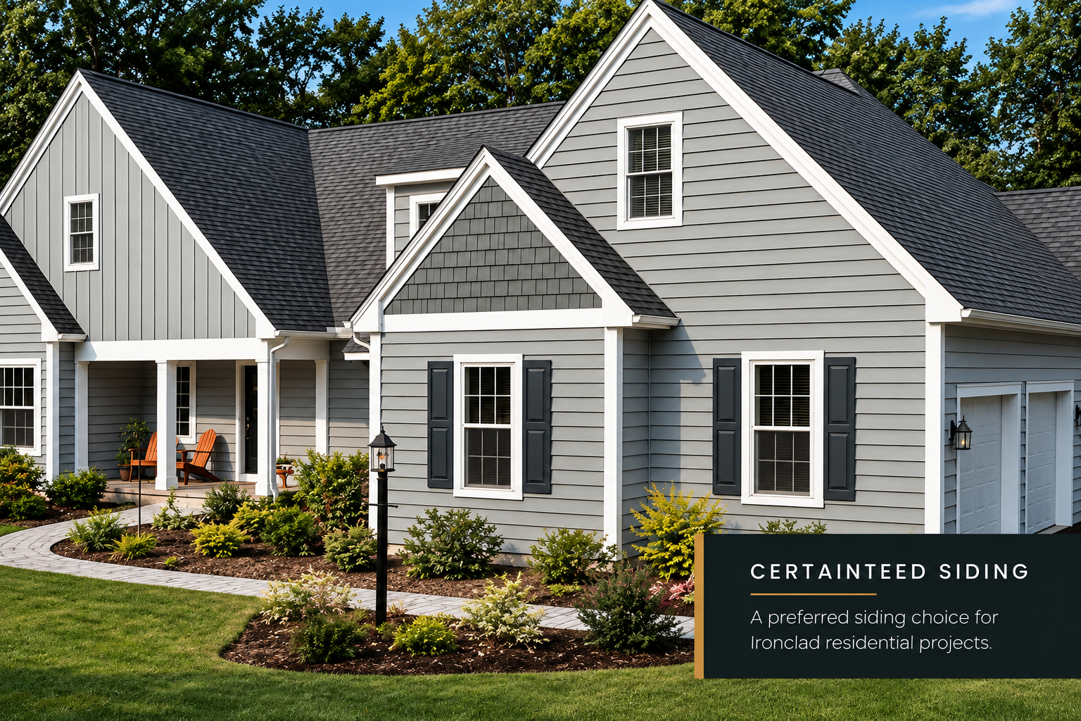 CertainTeed siding home featuring horizontal siding, board and batten, and shake accents
