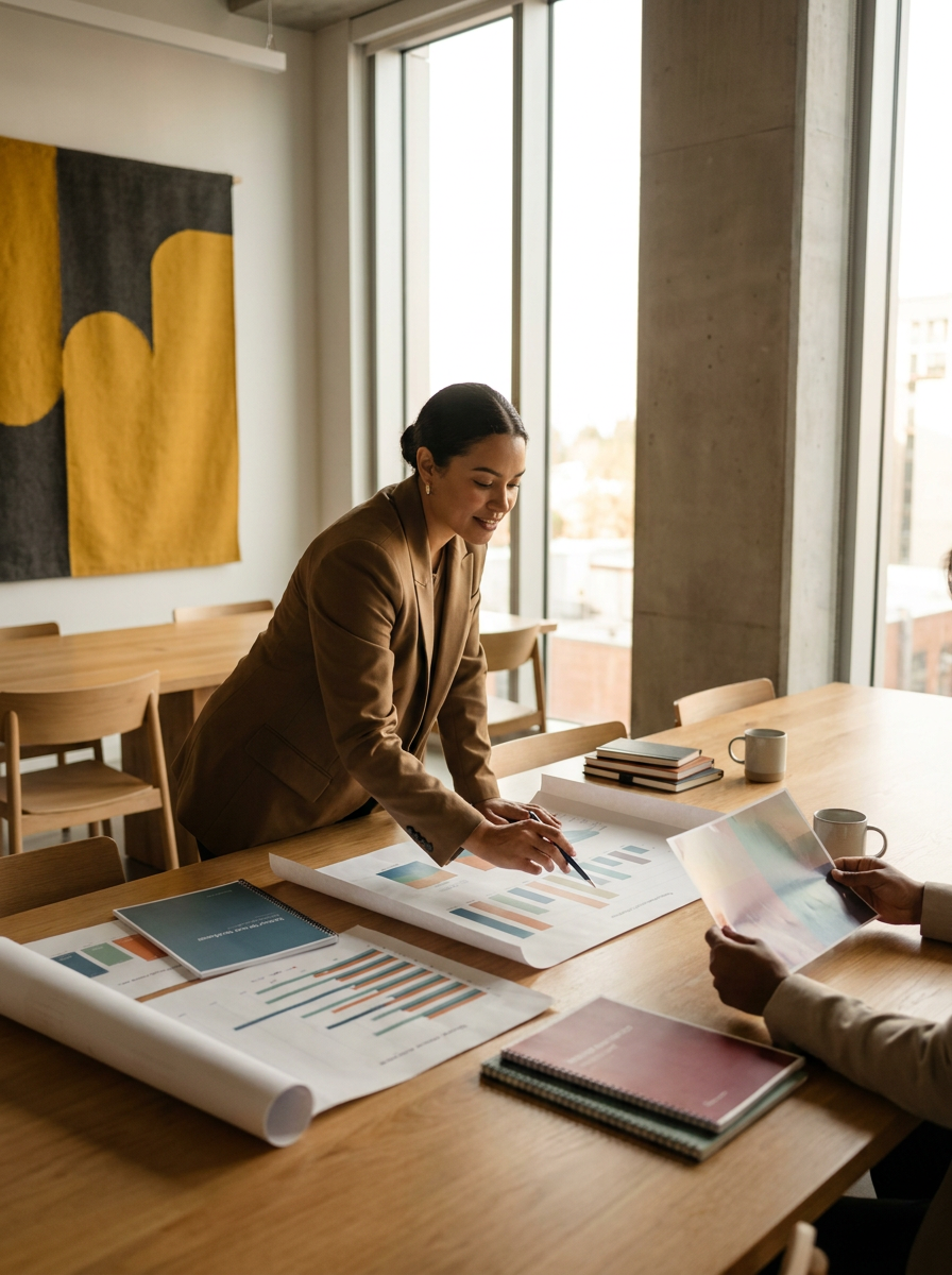 A woman in a brown blazer stands at a conference table with documents and notebooks in a bright, modern office.
