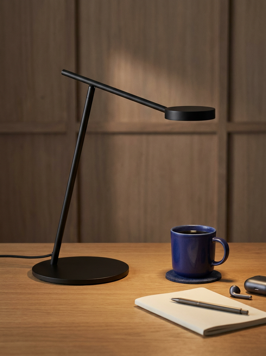 A modern black desk lamp, a white notebook, and a blue coffee mug rest neatly on a wooden desk alongside wireless earbuds.