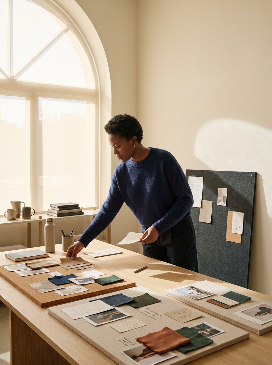 A woman carefully arranges fabric swatches and sample materials on a large wooden table in a sunlit studio with a large arched window.
