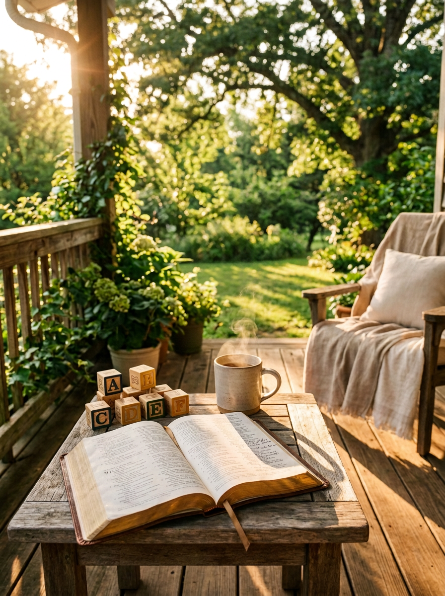 A cozy outdoor porch at sunset featuring an open book and a steaming mug next to wooden alphabet blocks on a table. A cushioned rocking chair with a beige blanket sits nearby against a backdrop of lush greenery.