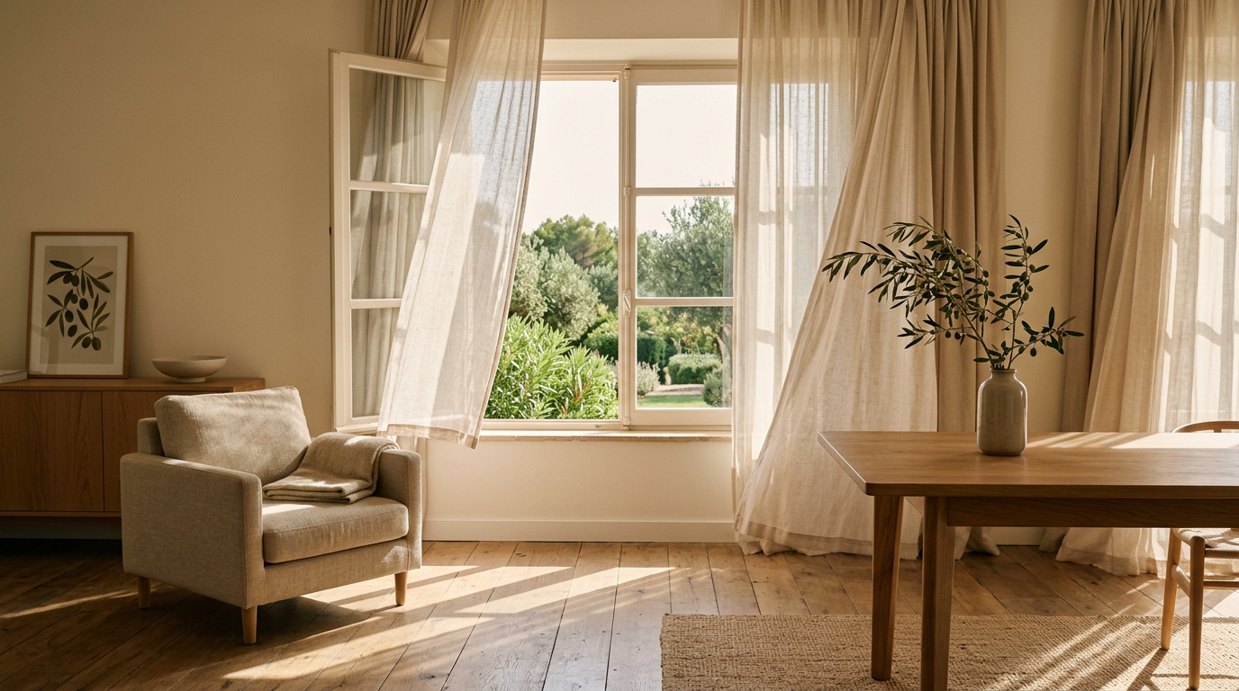 A bright, cozy living room featuring a large window with sheer curtains, a beige armchair with a blanket, and a wooden sideboard displaying framed artwork. A dining table holding a white vase with green foliage is visible in the space.