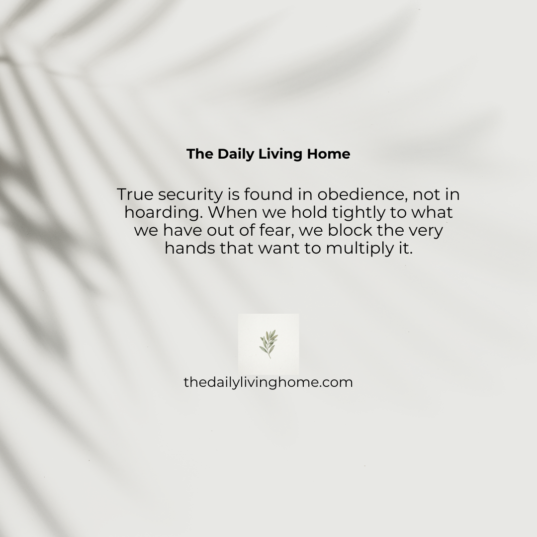 A minimalist graphic on a white background featuring the shadow of a plant leaf overlaying an inspirational quote about trust and obedience. The bottom of the design includes a small leaf logo and the website URL "thedailylivinghome.com".