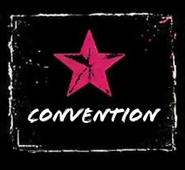 Pink star with black right arrow on black background, with distressed white border and the word 'CONVENTION' in white underneath.