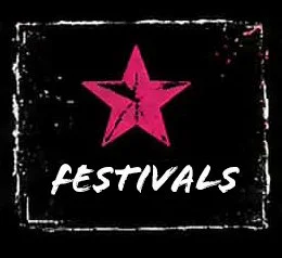 Pink star with the word 'FESTIVALS' written below on a black background.