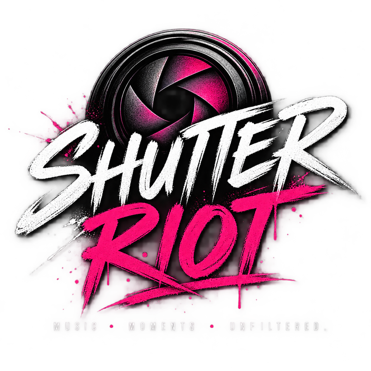 A logo with a black background featuring a camera shutter icon at the top, and the words 'SHUTTER RIOT' in large, stylized white and pink letters. Below, smaller text reads 'Music Moments Unfiltered' with a pink and purple splatter effect behind the text.