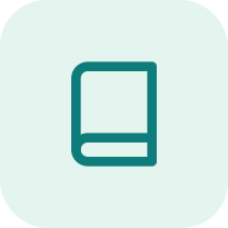 Icon of a closed book with a teal outline on a light teal background.