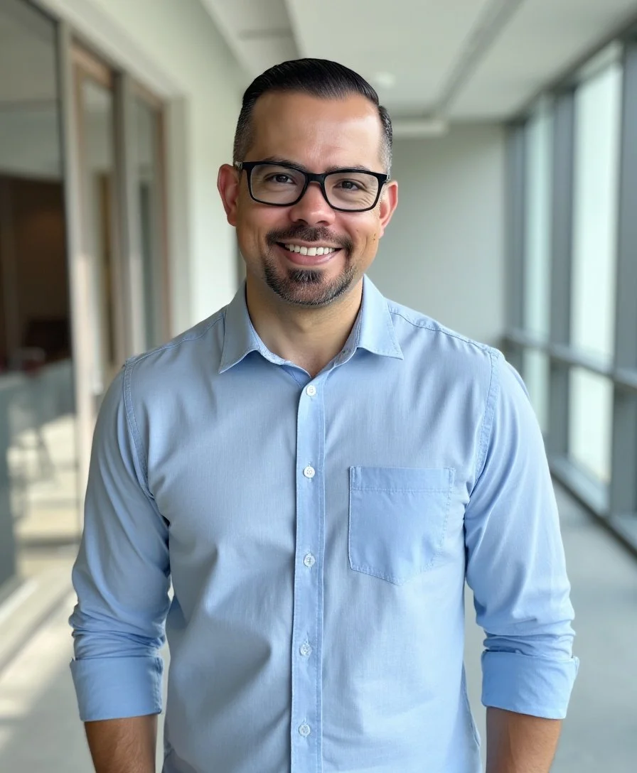 Portrait of a smiling man wearing glasses and a light blue button-up shirt, standing in a modern building corridor with large windows.