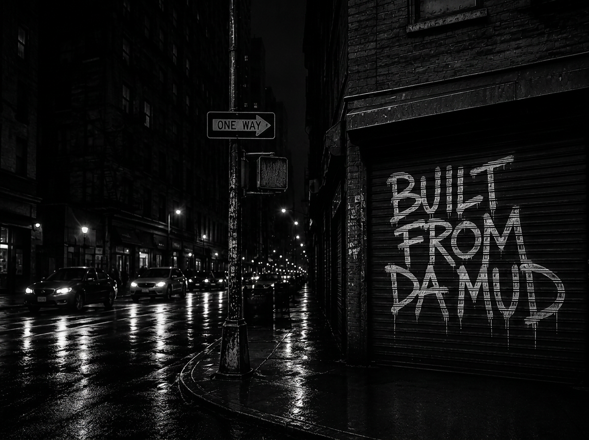 Rainy New York street at night with wet pavement, cars, and a storefront mural reading “Built From Da Mud.”