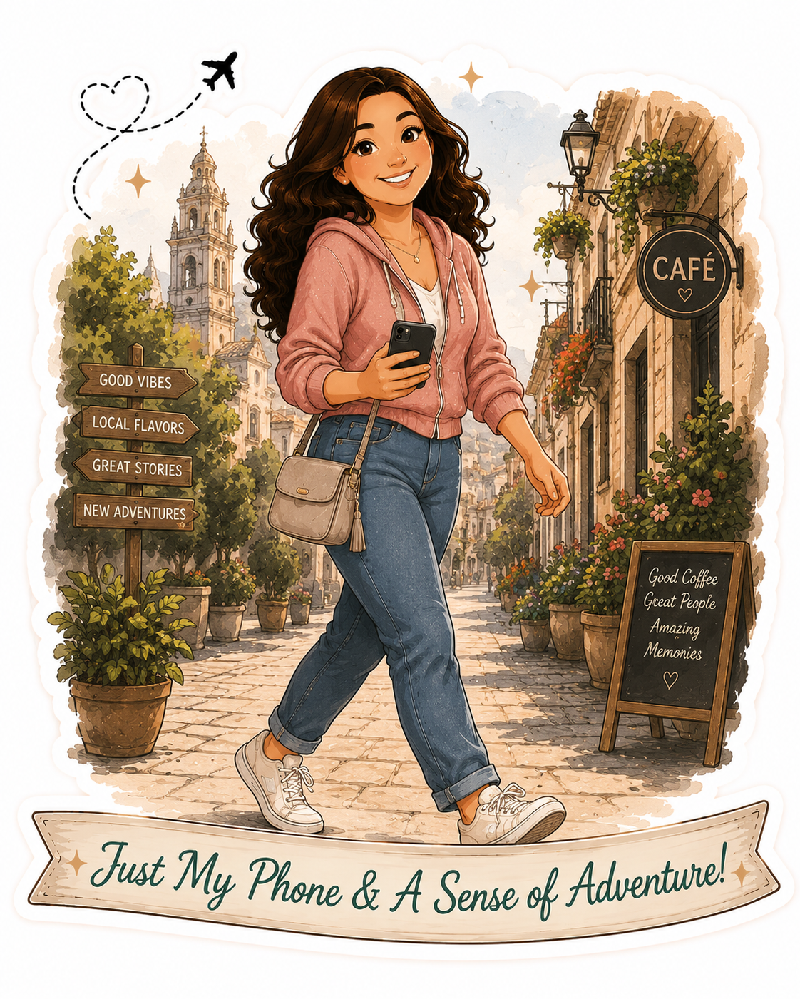 A smiling young woman walking on a cobblestone street, holding a smartphone in her right hand. She has brown, wavy hair, and is dressed in a pink hoodie, white t-shirt, jeans, and white sneakers. The street is lined with potted plants, a café sign, and a blackboard with compliments. There are signs pointing to good vibes, local flavors, great stories, and new adventures. In the background, there are historic buildings, trees, and a church tower, with an illustration of an airplane and a dotted trail in the sky, conveying a sense of travel and adventure.