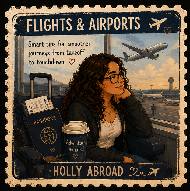 A woman with curly hair and glasses sitting in an airport terminal, with a backpack, passport, and travel mug that says 'Adventure Awaits' in front of her. Outside the window, airplanes are taking off and landing, with some airport control towers vis