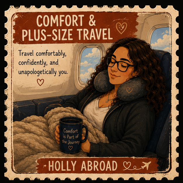 A woman with curly hair and glasses is sitting on an airplane, resting with a neck pillow and wrapped in a blanket. She is holding a mug that reads 'Comfort is part of the journey.' The window shows clouds in the sky. The image promotes comfort and p