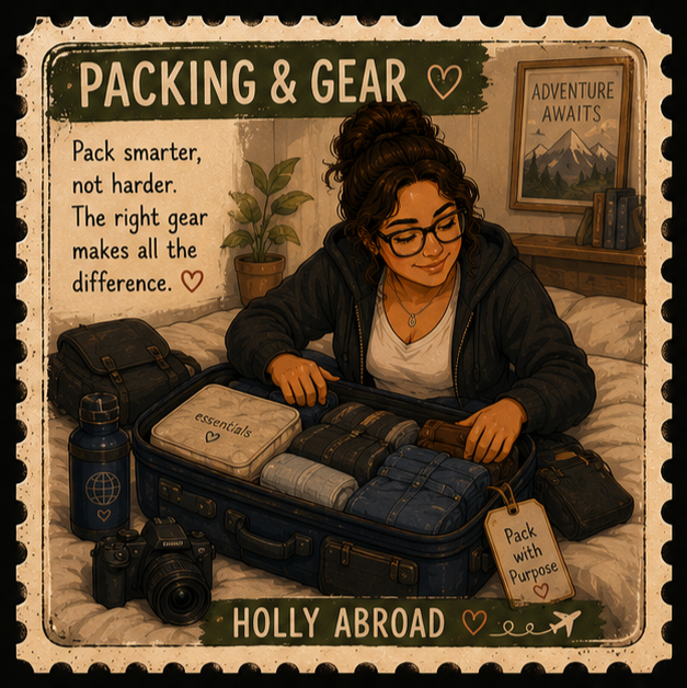 A woman packing for travel, sitting on a bed with an open suitcase filled with clothing and essentials. The background has a sign reading 'Packing & Gear' and a motivational quote about packing smarter. There is a water bottle, camera, and a small ba