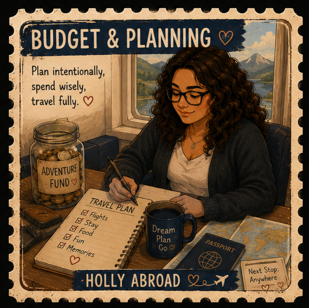 A woman with curly hair and glasses sitting at a table with a travel-themed setup. She is writing a travel plan in a notebook, which includes flights, stay, food, fun, and memories. There is a mug labeled 'Dream Plan Go,' a passport, maps, and a jar 