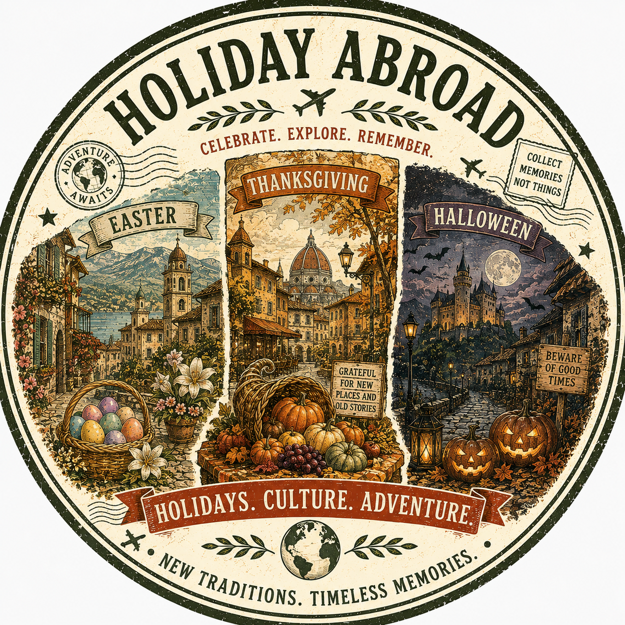 A circular infographic depicts holiday themes divided into three sections: Easter, Thanksgiving, and Halloween. Each section features detailed illustrations of city streets, seasonal decorations, and symbols related to each celebration, with texts emphasizing celebrating, exploring, remembering, and collecting memories.