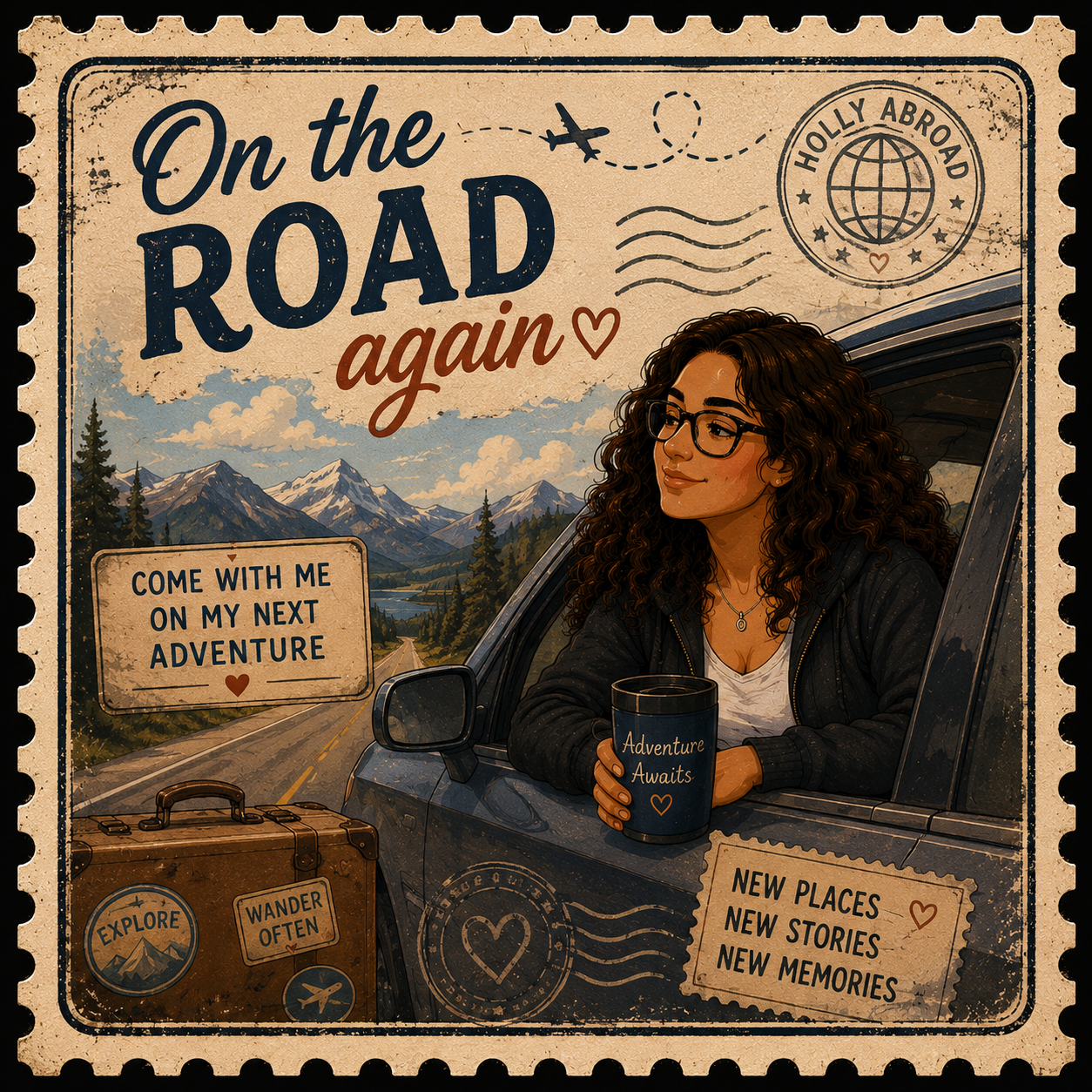 A woman with curly hair and glasses sitting in a car window, holding a mug that says "Adventure Awaits," with mountains and trees in the background, and various travel-themed stickers and signs like "Explore," "Wander Often," and "On the Road Again".