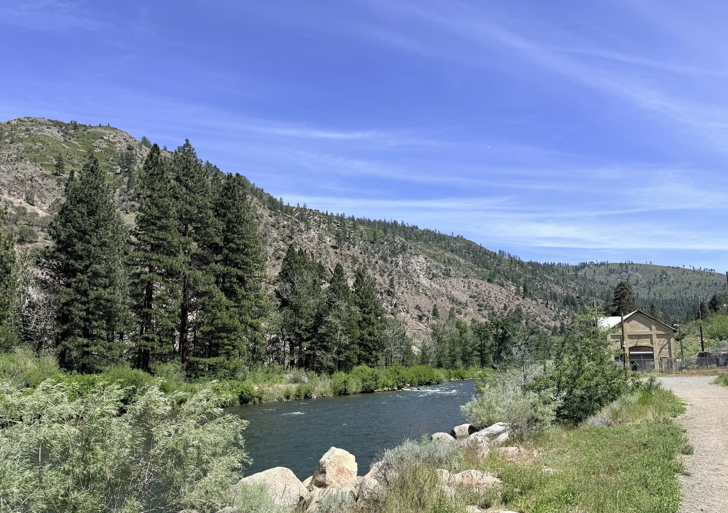 A mountain landscape with green pine trees, rocky slopes, a river in the foreground, and a house with a gabled roof on the right side.