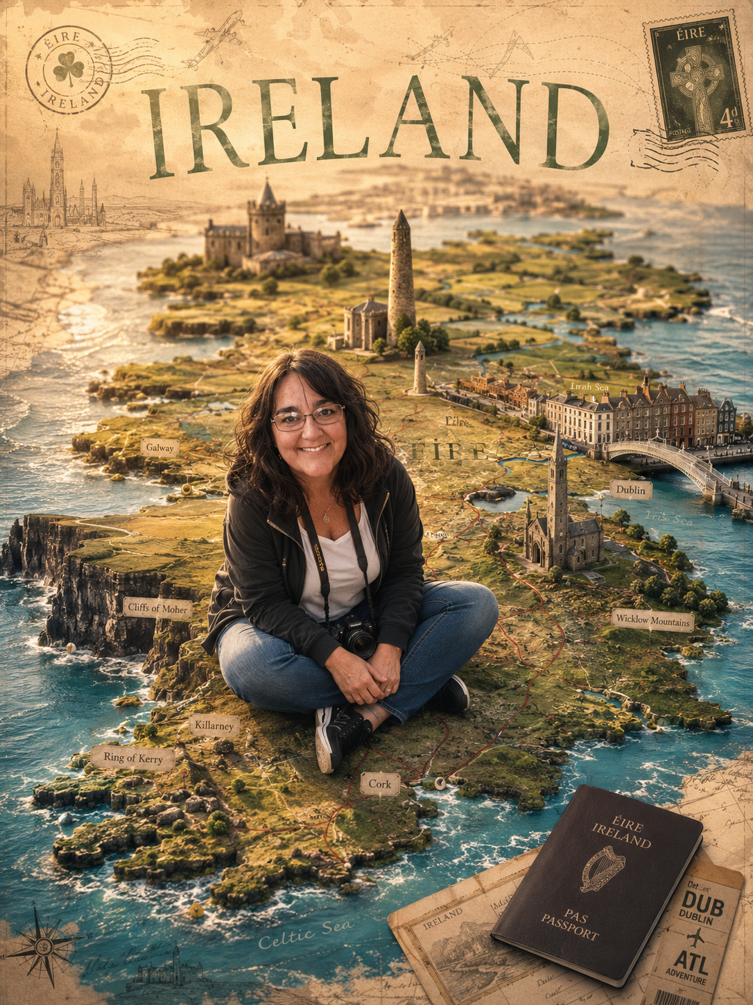 A woman sitting cross-legged on a detailed 3D map of Ireland, with landmarks like Cliffs of Moher, Ring of Kerry, and Dublin, and holding a camera, with a passport and travel documents nearby.