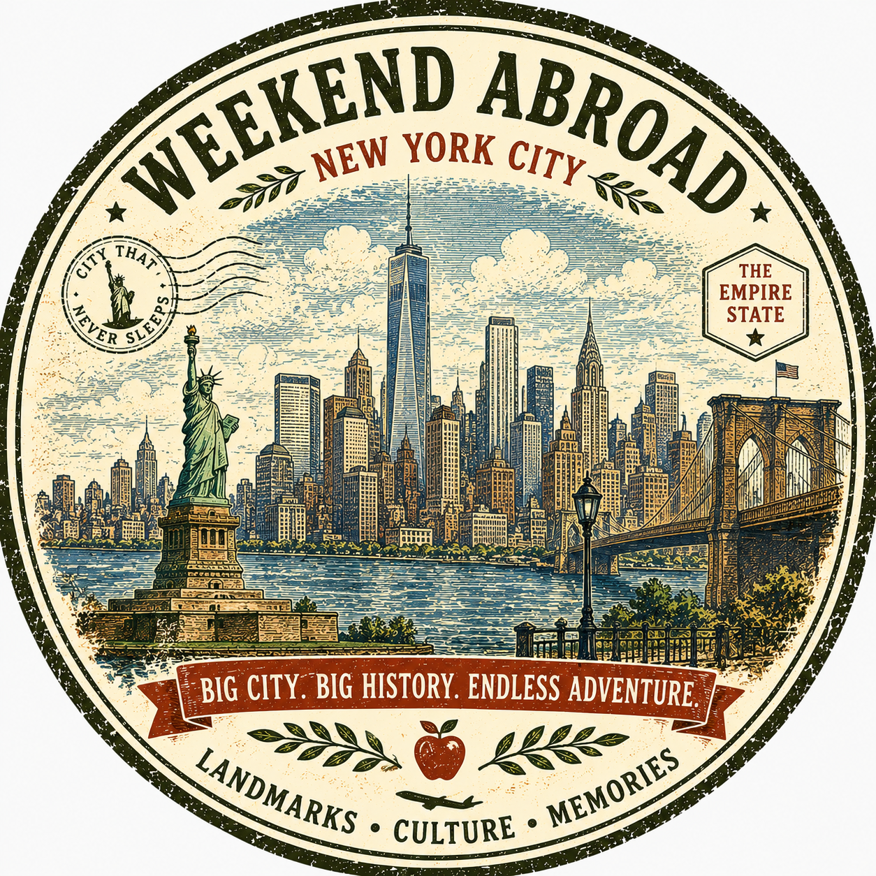 A vintage-style illustration of New York City skyline featuring the Statue of Liberty and the Brooklyn Bridge, with text promoting a weekend adventure in the city.