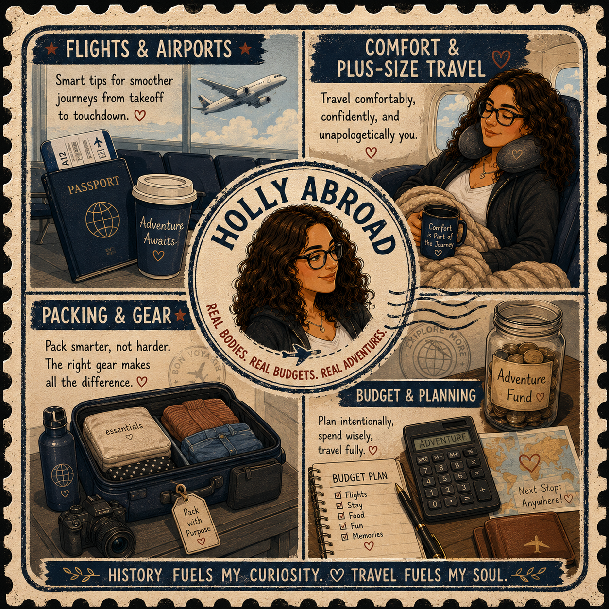 An illustrated travel infographic about Holly Abroad's tips on flights, airports, packing, gear, comfort, plus-size travel, budgeting, and planning. It includes images of an airplane, passport, coffee cup, packing essentials, travel fund jar, and a p