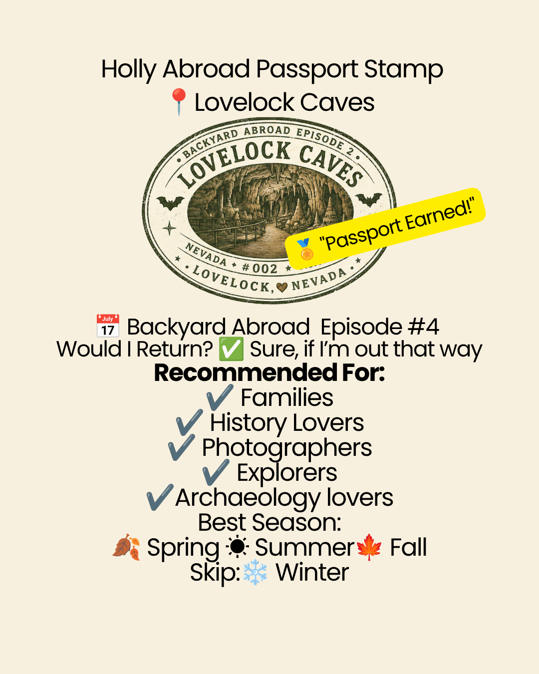 Design/image promoting Lovelock Caves as a backpacking destination, featuring a simulated passport stamp with an image of a cave, and text about a backup abroad episode, recommended seasons, and activities like exploring and archaeology, with checkmarks and seasonal icons.
