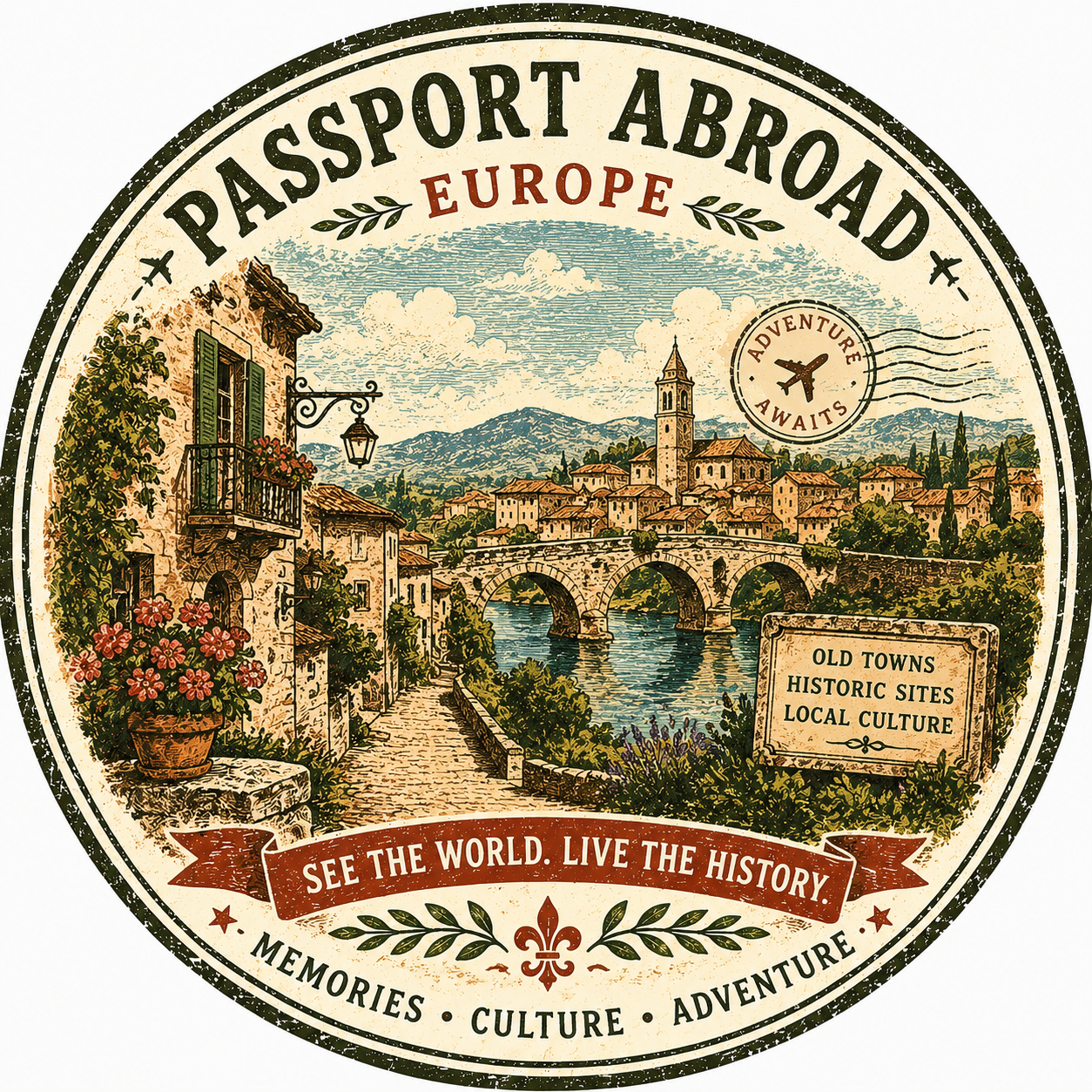 Vintage-style circular travel poster for an overseas European destination called Passport Abroad, showcasing a scenic old town with stone buildings, a bridge over a river, mountains in the background, and a bell tower. The poster highlights themes of old towns, historic sites, and local culture, with text encouraging exploration.