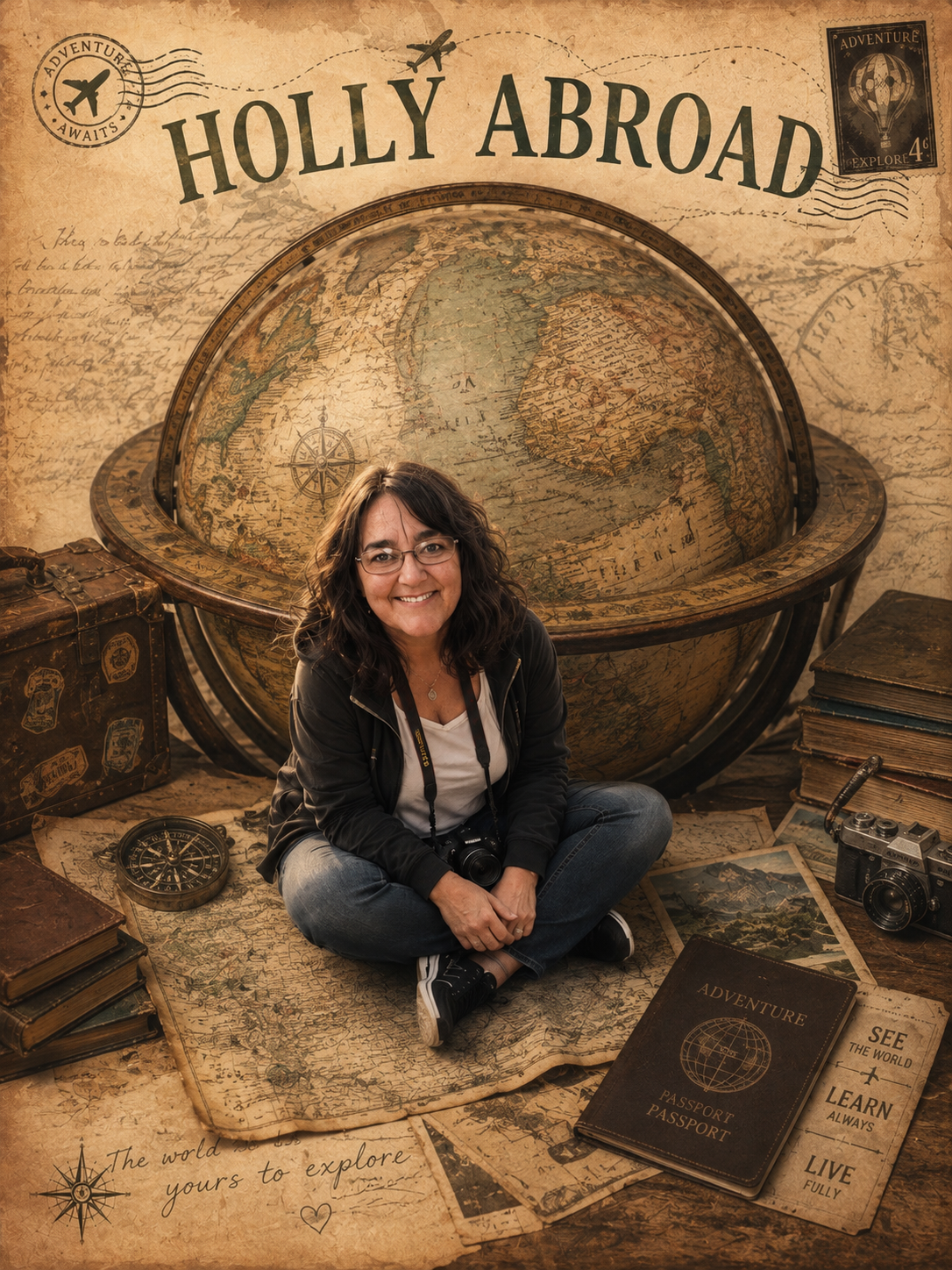 A woman sitting cross-legged on vintage-style world travel decor, with a large globe behind her, surrounded by old books, photographs, a compass, and travel-themed items. The background has a sepia-tone map and travel stamps, with the text 'Holly Abroad' at the top.