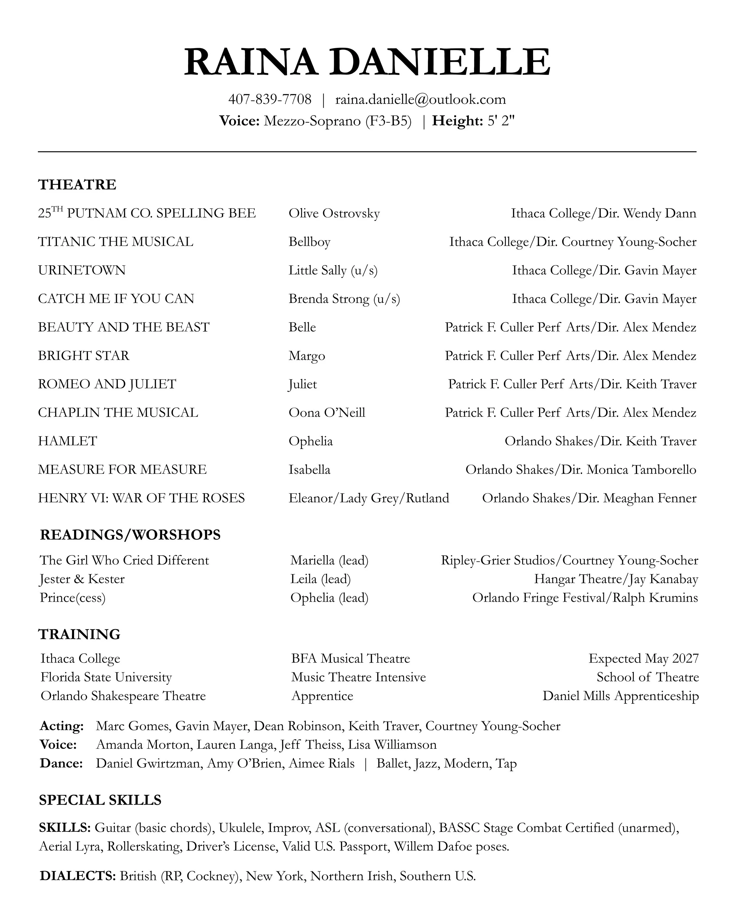 One-page actor résumé for Raina Danielle listing contact information, theater roles, readings and workshops, training, vocal range, special skills, and dialects.
