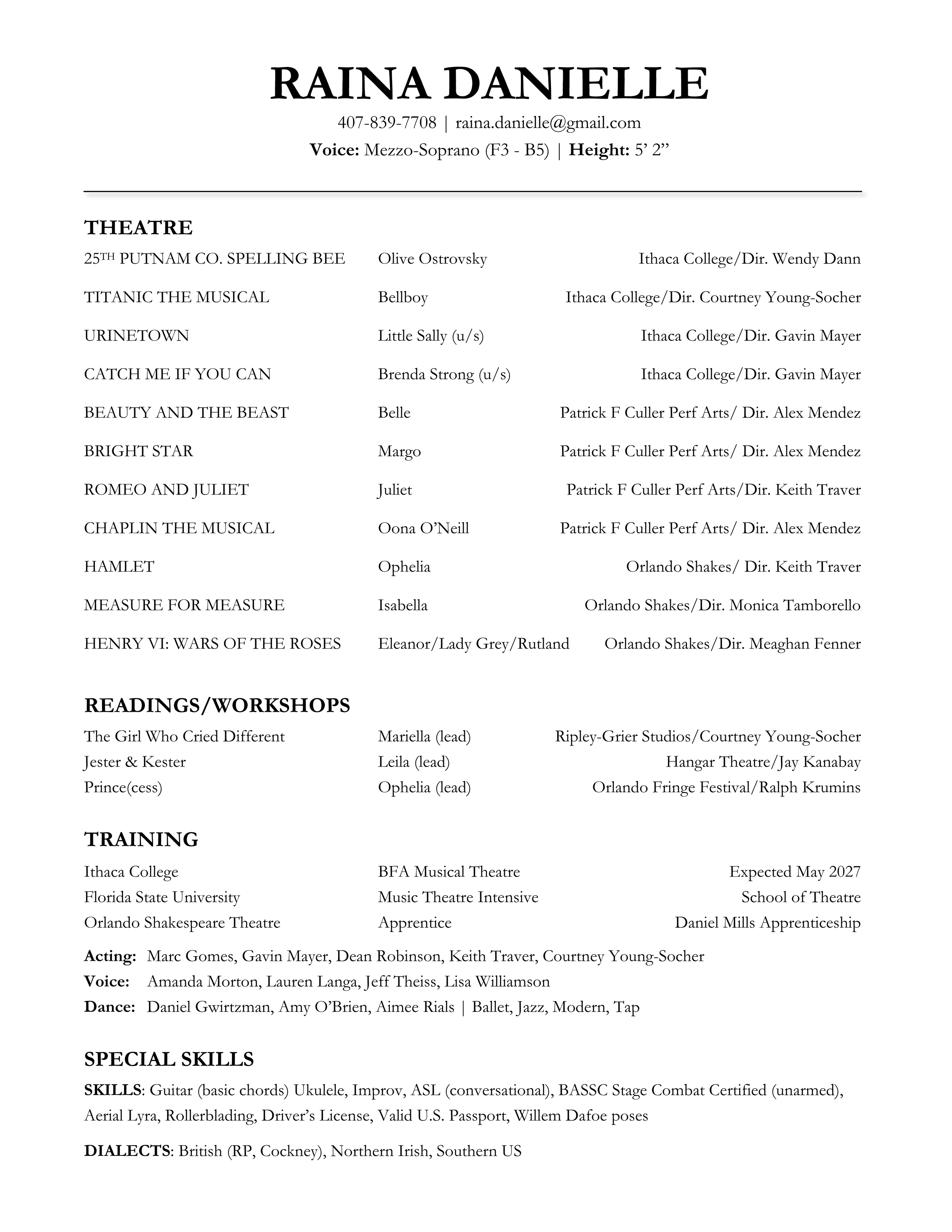 A detailed schedule or program for a theater or performing arts event featuring voice, acting, dance, and special skills sections with performer names and production details.