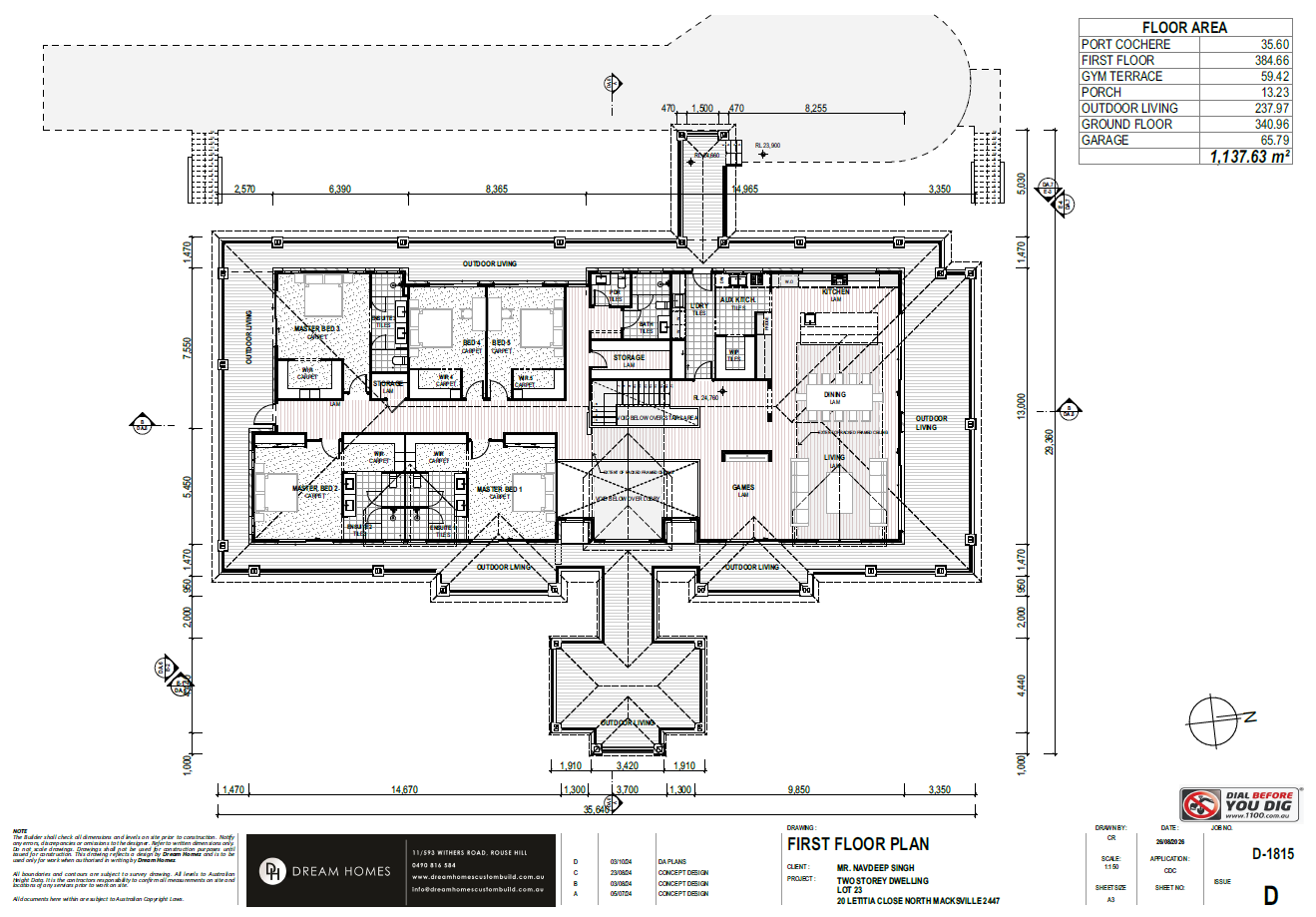 Architectural floor plan of a house, showing room layouts, dimensions, and labels for areas like bedrooms, bathrooms, living spaces, outdoor areas, and garage.