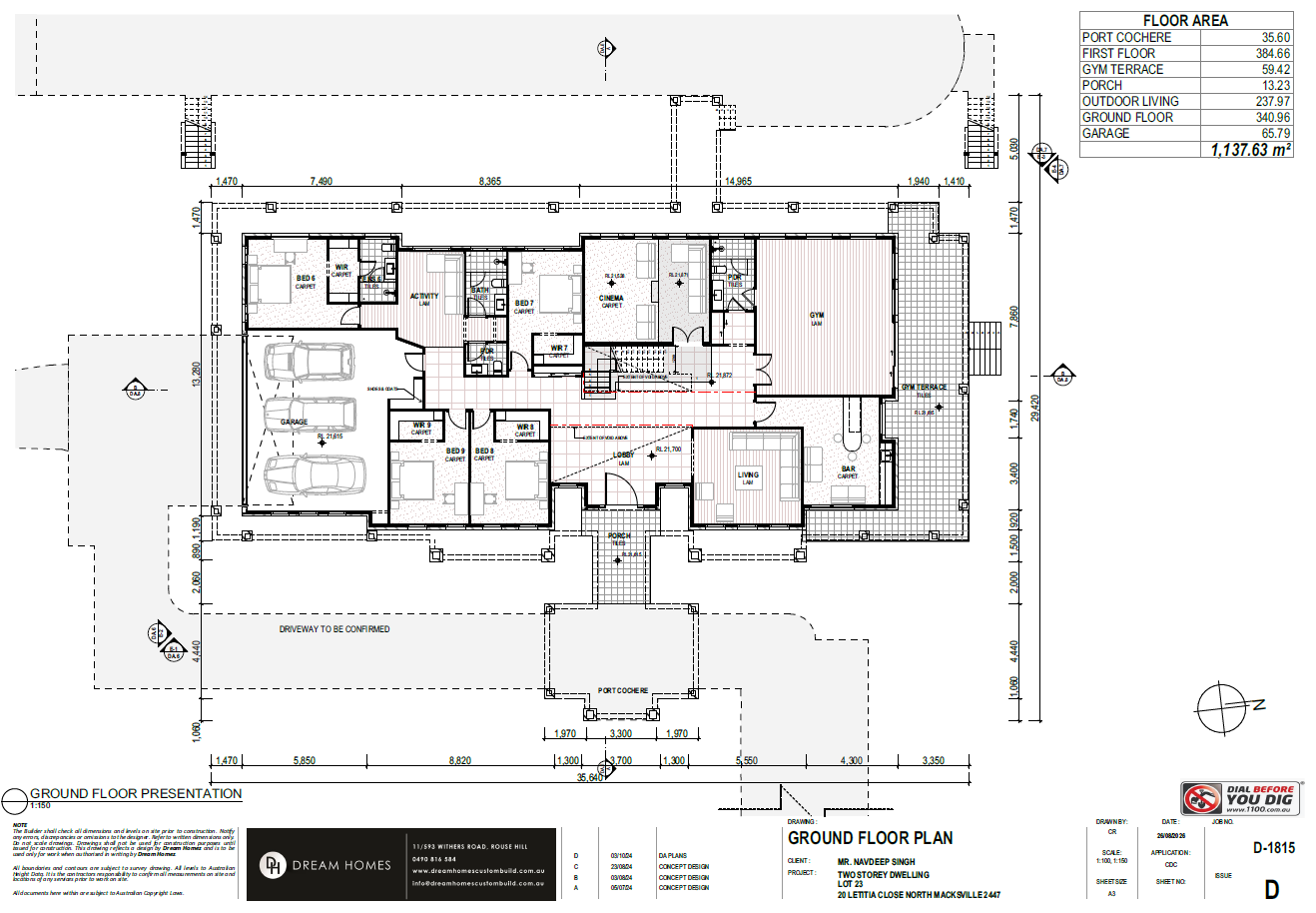 Architectural floor plan of a single-story house showing various rooms such as garage, bedrooms, living room, gym, cinema, and outdoor spaces with measurements and labels.