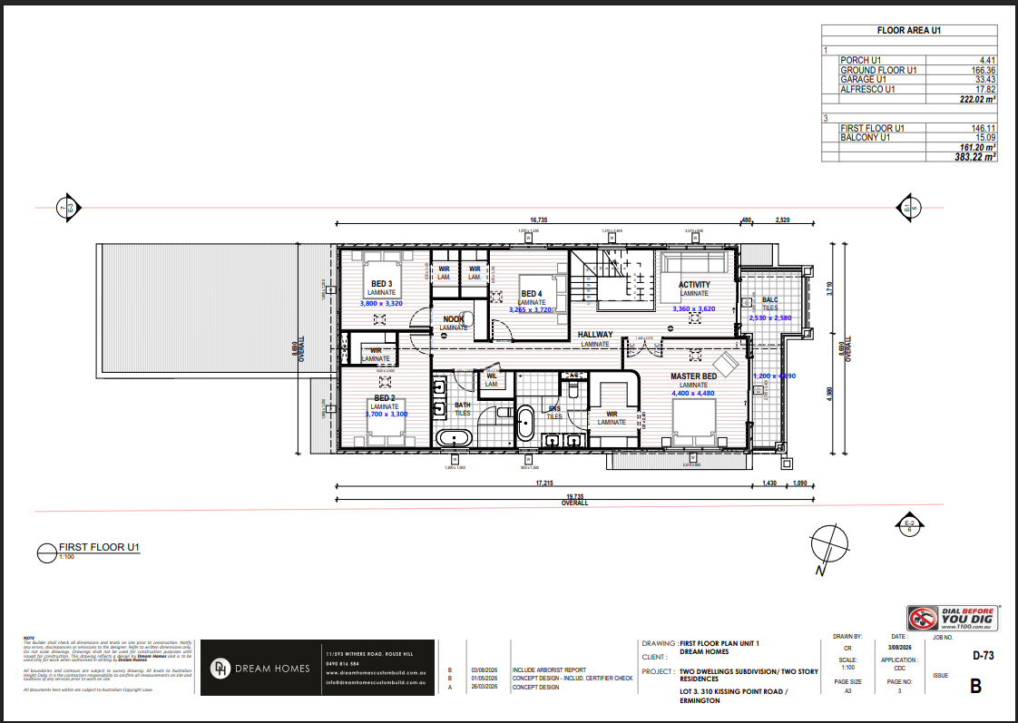 Floor plan of a residential building, showing various rooms including bedrooms, bathrooms, a hallway, activity area, balcony, and garage, with measurements and room labels.