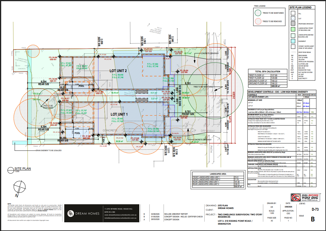 A detailed site plan for two residential lots, including landscaping, trees to be maintained or removed, fencing, pools, driveways, and utility lines, with a legend and technical notes.