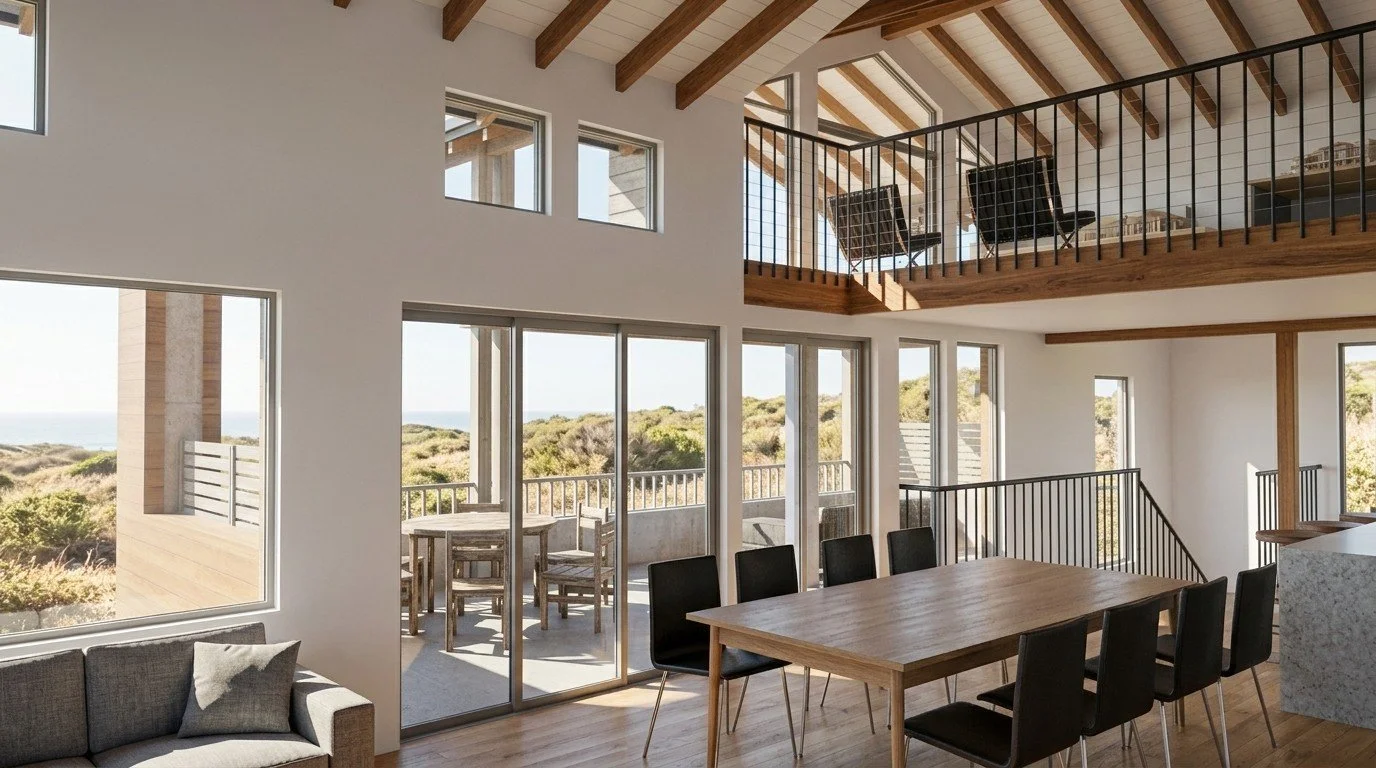 Bright and airy living room with large windows and glass sliding doors leading to a patio with outdoor dining furniture. Exposed wooden beams on the ceiling, a combination of modern and rustic decor, and a view of a natural landscape outside.