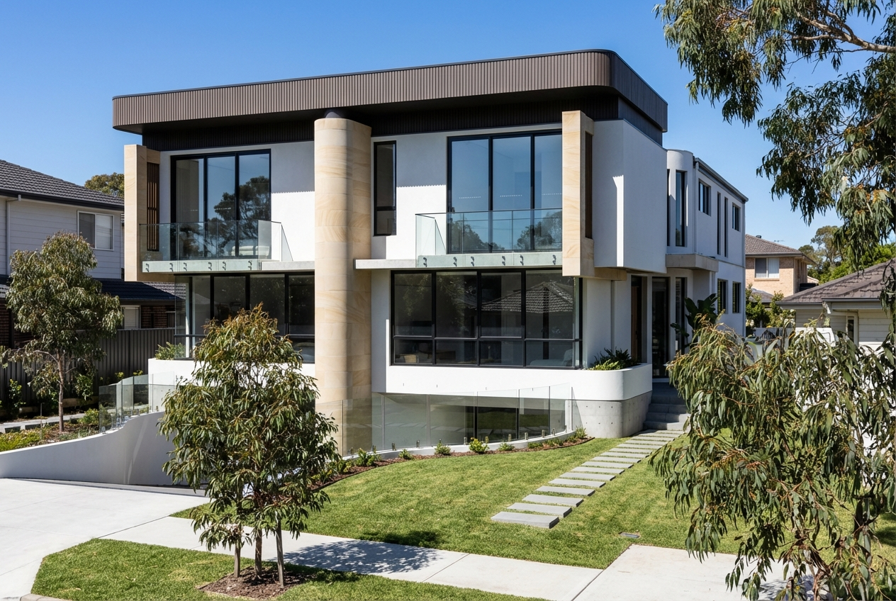 Modern multi-story house with large windows, glass balconies, and landscaped front yard with stepping stones and trees.