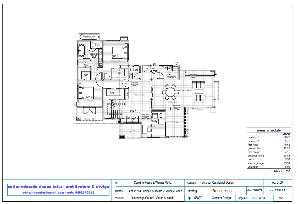 Floor plan of a house's ground floor with labeled rooms including porch, entry, study, outdoor living, laundry, bedrooms, bathrooms, and storage areas. It also shows measured dimensions and areas.