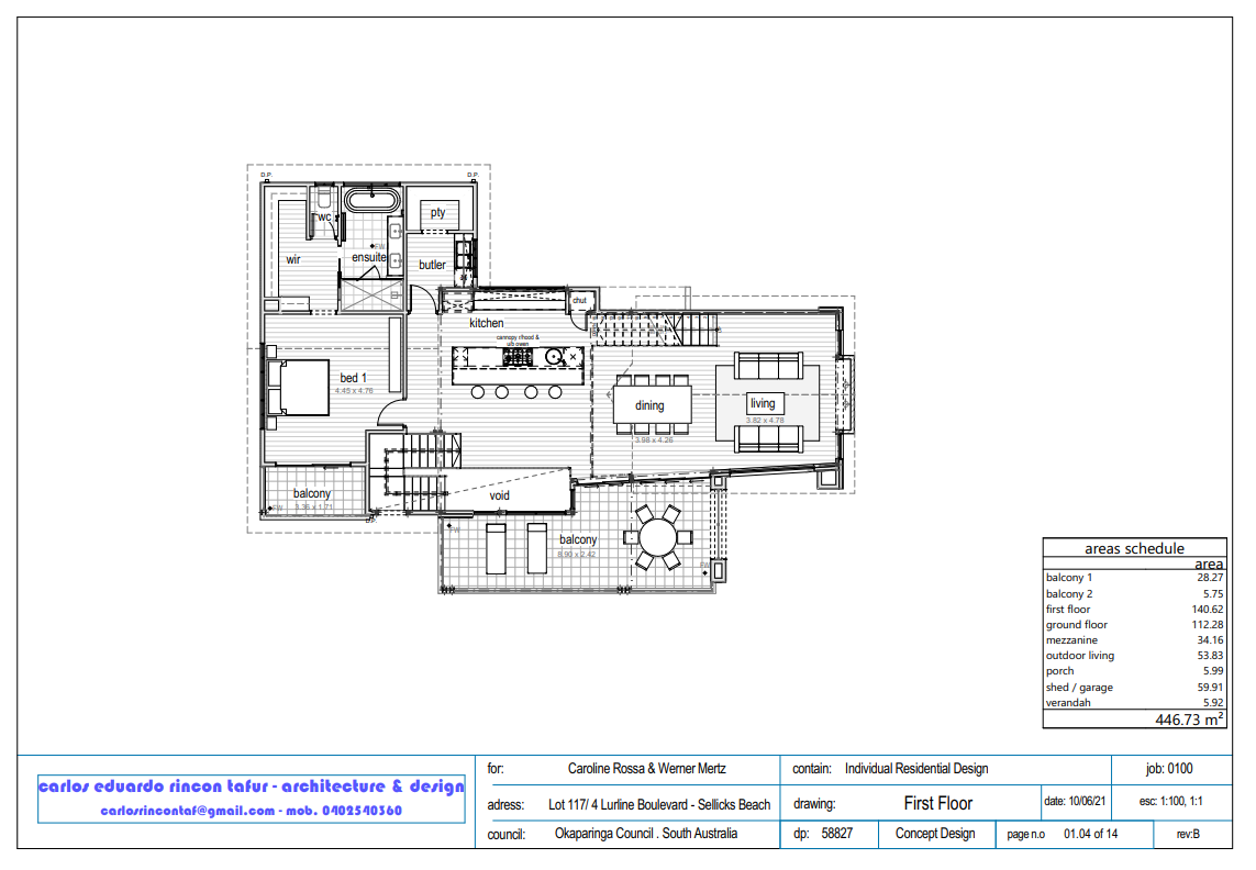 Architectural floor plan of a residential house with labeled rooms, balconies, and areas, including a kitchen, dining, living, bedroom, bathroom, and outdoor spaces.