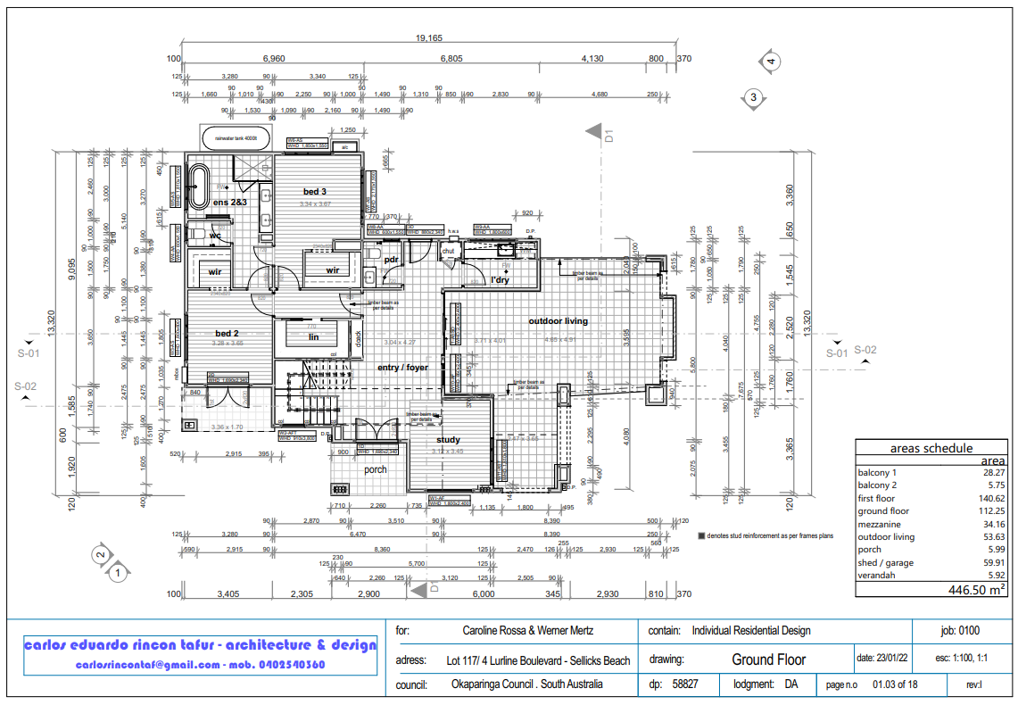 Architectural floor plan of a house's ground floor with rooms labeled including porch, study, outdoor living, bedrooms, and bathrooms, along with detailed measurements.