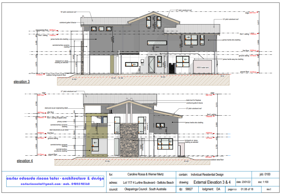 Architectural elevation drawings of a two-story residential house, showing front and back views with detailed measurements and construction notes.